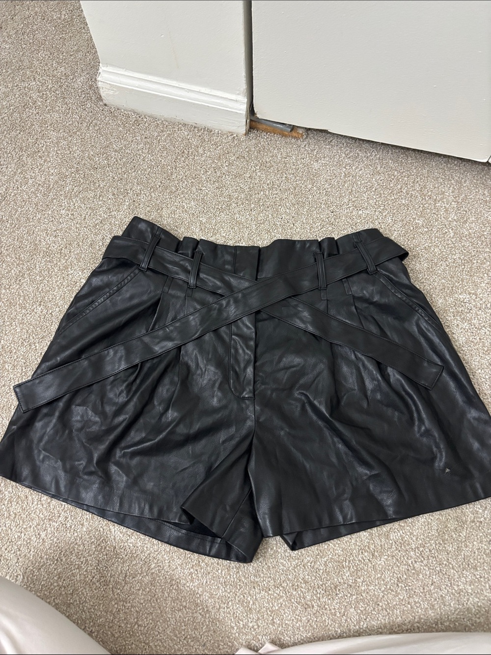 Belted DKNY paperbag Black Faux Leather High-Waist Belted Women's Shorts